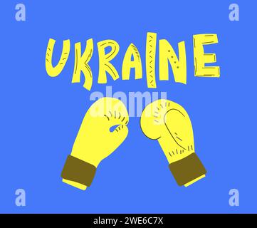 Banner Ukraine mit Boxhandschuhen. Vektorillustration von Boxhandschuhen und Schriftzug in Farben der ukrainischen Flagge Stock Vektor