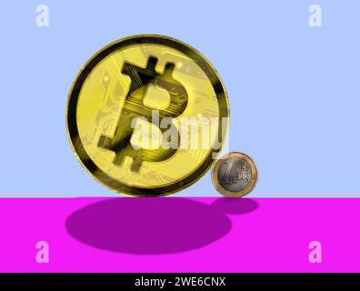 Bitcoin in der Nähe von Euro-Münze vor farbigem Hintergrund Stockfoto