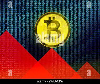 Bitcoin auf rotem Dreieck vor Binärcodes Stockfoto