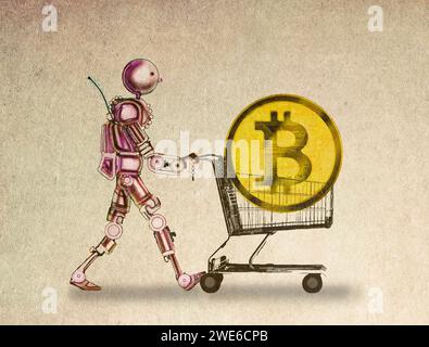 Der Roboter schiebt Bitcoin in den Warenkorb vor beigefarbenem Hintergrund Stockfoto