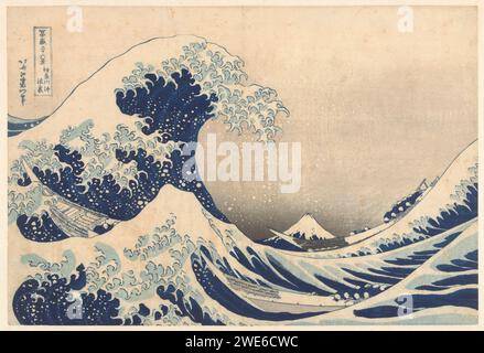 Unter der Welle vor Kanagawa, Katsushika Hokusai, 1829-1833 drucken Sie Eine hohe Welle, an der Stelle der Drehung, in einem turbulenten Meer mit drei Ruderbooten, die den Wellen trotzen; der Fuji im Hintergrund. Druckerei: Japanischer Verlag: Tokio Papier nishiki-e / Farbe Holzschnitt Tidal Wave. Ruderboot, Kanu usw. Berge Fuji. Yokohama Stockfoto