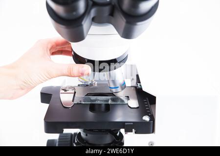 Hand des Wissenschaftlers, der das Mikroskop im Labor justiert Stockfoto