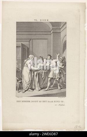 Eine Mutter bietet ihrem toten Kind eine Mahlzeit an, Theodoor Koning, nachdem Jacobus 1785 Abdruck gekauft hat. Eine Frau bietet vier Soldaten einen Teller an, mit Kopf und Händen darauf als Mahlzeit. Ein Teil des Kindes hat sie bereits selbst gefressen. Dieser Druck ist eine Illustration im 21. Kapitel des sechsten Buches von „alle Werke von Flavius Josephus“. Amsterdamer Papiergravur Mutter und Baby oder Kleinkind. Das Massaker an den Unschuldigen Stockfoto