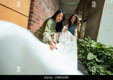 Geschäftsfrau überzieht den Entwurf eines Kollegen auf dem Flur Stockfoto