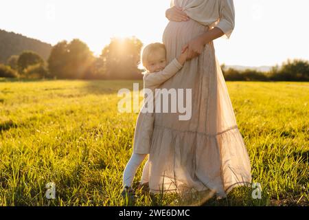 Liebende schwangere Mutter, die die Hand der Tochter im Feld hält Stockfoto