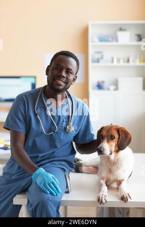 Glücklicher Tierarzt sitzt mit Beagle-Hund auf dem Tisch in der Klinik Stockfoto
