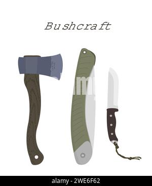 Bushcraft-Werkzeuge: Säge, Messer, Axt. Zeichnungssatz. Bearbeitbare EPS auf Ebenen Stock Vektor