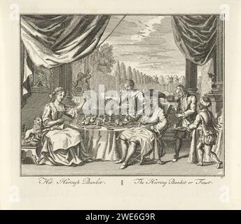 Haring Banket, Adolf van der Laan, nach Sieuwert van der Meulen, 1728 - 1761 drucken Sie eine elegant gekleidete Frau und einen Mann auf das Heringsbankett. Dienerinnen gießen Wein, ein Schwarzer (Sklave gemacht?) Junge trägt eine Schüssel mit Hering. Im Hintergrund eines Gartens. Der Druck ist Teil einer 32-teiligen Druckserie mit Darbietungen über den Heringsfang. Amsterdamer Papierätzer Bankett von eleganter Gesellschaft. Fisch: Geräucherter Hering. Kleidung, Kostüm (+ Herrenkleidung). Kleidung, Kostüm (+ Damenkleidung). Festmahlzeit, Festmahl, Bankett (+ Portion, Bedienstete am Tisch, Essen). Afrikaner. Glas, rummer. Glas wi Stockfoto
