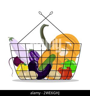 Set Gemüse in Metall-Warenkorb. Bearbeitbare EPS in Ebenen. Stock Vektor