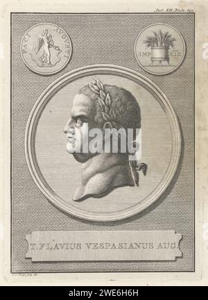 Porträt von Kaiser Vespasianus, Jan Caspar Philips, 1746 gedruckte Medaille mit dem Porträt von Titus Flavius Vespasian, römischer Kaiser. In den oberen Ecken der römischen Münzen. Amsterdamer Papiergravurmünze Stockfoto