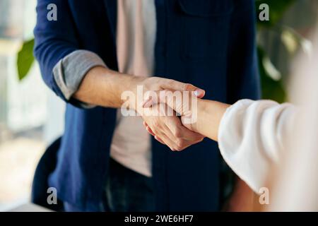 Junger Geschäftsmann, der der Geschäftsfrau im Büro die Hand schüttelt Stockfoto