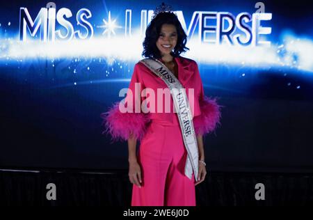 Mexiko-Stadt, Mexiko. Januar 2024. Sheynnis Palacios, der Gewinner der Miss Universe 2023, spricht auf einer Pressekonferenz im FRU FRU Theater in Mexiko-Stadt, anlässlich der bevorstehenden Miss Universe International, die für den 28. September dieses Jahres geplant ist. (Foto: Gerardo Vieyra/NurPhoto) Credit: NurPhoto SRL/Alamy Live News Stockfoto