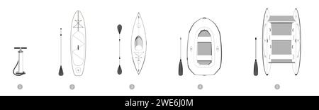 Rafting aufblasbare Ausrüstung isolierte Illustration. Paddelbrett, Kajak, Boot, Katamaran. Set aus neun Objekten Stock Vektor