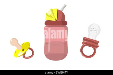 Set aus Babyflasche, Schnuller und Knabber isolierte Illustration Stock Vektor