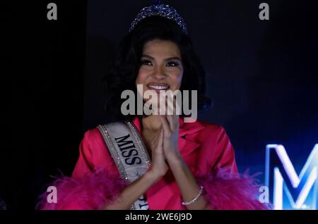 Mexiko-Stadt, Mexiko. Januar 2024. Sheynnis Palacios, der Gewinner der Miss Universe 2023, spricht auf einer Pressekonferenz im FRU FRU Theater in Mexiko-Stadt, anlässlich der bevorstehenden Miss Universe International, die für den 28. September dieses Jahres geplant ist. (Foto: Gerardo Vieyra/NurPhoto) Credit: NurPhoto SRL/Alamy Live News Stockfoto