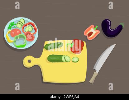 Kochen, Gemüse auf einem Schneidebrett schneiden. Stock Vektor