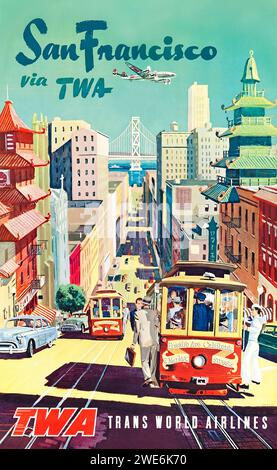 „San Francisco – Via TWA“ von Trans World Airlines 1952 Tourism Poster mit Seilbahnen auf Nob Hill, vorbei an Chinatown und mit Blick auf Nob Hill zur San Francisco Bay Bridge. Künstler unbekannt. Kredit: Privatsammlung / AF Fotografie Stockfoto