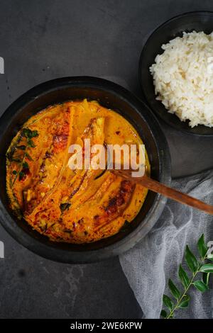 Hausgemachter Kerala Fisch Molee - Molly serviert mit gekochtem Reis, selektiver Fokus | südindisches Pmpano Fisch Curry Stockfoto