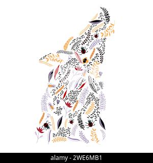 Wolfssilhouette gefüllt mit Blättern und Blumen Stock Vektor