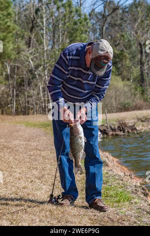 Ein älterer Mann, der den Haken von Fischen entfernt, die in einem privaten See auf einem ländlichen Grundstück in der Nähe von Hattiesburg, Mississippi gefangen wurden Stockfoto