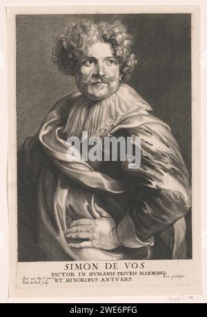 Porträt des Malers Simon de Vos, Paulus Pontius, nach Anthony Van Dyck, 1616–1657 Druck Antwerpener Papierstich Porträt, Selbstporträt des Malers Stockfoto