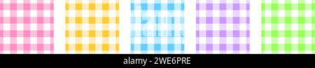Satz von Mustern mit Gingham-Muster. Karierte Pastelltexturen für Picknick-Karo, Tischdecke, Serviette, Decke, Taschentuch. Geometrische Hintergründe für Gewebe. Retro-Textildesigns. Illustration der Vektorabwicklung Stock Vektor