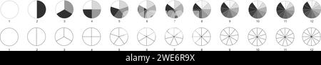 Kreis teilt sich auf gleiche Teile von 1 bis 12. Vorlagen für Donut- oder Tortendiagramme. Runde Formen, die in Schichten geschnitten werden. Satz Raddiagramme mit Sektoren auf weißem Hintergrund. Vektorgrafik Stock Vektor