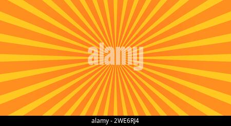 Radialer gelber und oranger Streifen horizontaler Hintergrund. Sonnenaufgang, Starburst, Sonnenschein, Sonnenaufgangsmuster. Überraschung, Geschwindigkeit, Blitz oder Explosion-Zeichentrickeffekt. Pop-Art-Hintergrundbild. Illustration der Vektorabwicklung Stock Vektor