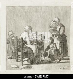 Schulklasse, Pieter de Mare, nach Christina Chalon, 1777 - 1779 drucken Eine Kinderschule. Ein Lehrer sitzt auf einem Stuhl und liest Kindern die Lektion aus einem Buch vor. Rechts kommt eine Mutter, um ihre Tochter zu holen. Links weint ein Mädchen. Unter dem Stuhl des Lehrers ist eine Stange. Leiden Papier ätzt schelmisches Kind (in der Schule). Kindergarten. Lehrer und Schüler. Rute, Birke  Strafe in der Schule Stockfoto