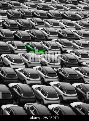 Zeebrugge Belgien Europa. 21.12.2024. Neuwagen einschließlich eines grünen Modells, die auf der Hafenseite für die Ausfuhr und Einfuhr abgestellt werden. Der Motorenhandel. Stockfoto