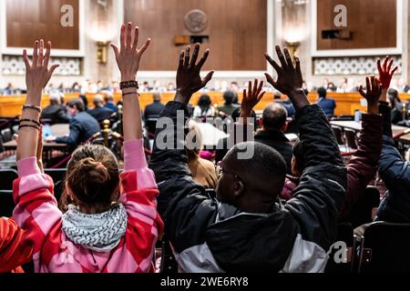 Washington, Usa. Januar 2024. Demonstranten heben sich die Hände bei einer Anhörung des Senats Armed Services Committee im US Capitol. (Foto: Michael Brochstein/SIPA USA) Credit: SIPA USA/Alamy Live News Stockfoto