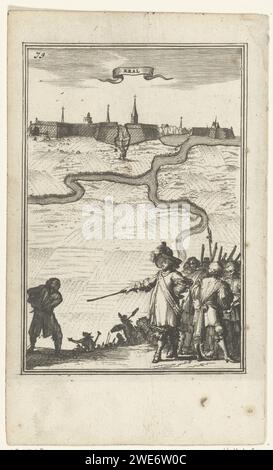 Illustration für „die Arbeit des Mars“ von Allain Manesson Mallet, Romeyn de Hooghe, 1672 Print Ansicht einer Stadt auf einem Fluss („KAL“); für die Wände, in denen große Lücken gemacht werden, führen drei Männer Messungen und/oder Reparaturarbeiten durch. Darunter ein Offizier und ein paar Soldaten. In der Ecke oben links die Zahl 73 (= die Nummer der Seite im Buch, die Abbildung hingegen wurde platziert). Amsterdam Papierätzung / Gravur Befestigungen, Militärtechnik. Mathematik. Aussicht auf die Stadt, Stadtpanorama, Silhouette der Stadt. fluss. Offizier Stockfoto