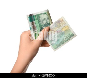 Weibliche Hand, die bulgarische Lew-Banknoten auf weißem Hintergrund hält Stockfoto