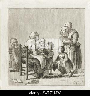Schulklasse, Pieter de Mare, nach Christina Chalon, 1777 - 1779 drucken Eine Kinderschule. Ein Lehrer sitzt auf einem Stuhl und liest Kindern die Lektion aus einem Buch vor. Rechts kommt eine Mutter, um ihre Tochter zu holen. Links weint ein Mädchen. Unter dem Stuhl des Lehrers ist eine Stange. Leiden Papier ätzt schelmisches Kind (in der Schule). Kindergarten. Lehrer und Schüler. Rute, Birke  Strafe in der Schule Stockfoto