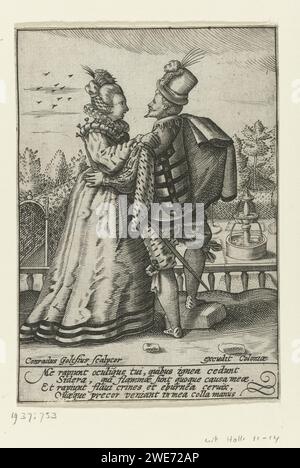 Elegantes Paar Terras, Conldra Goltz, 1595er-Druck mit Unterschrift in lateinischer Sprache. Kleidung mit Papiergravur, Kostüm (+ Herrenkleidung). Kleidung, Kostüm (+ Damenkleidung). Ein paar Liebhaber. Ärmel (+ Herrenbekleidung). Kopfbedeckung: Hut (+ Herrenkleidung). Kopfbedeckung: Hut (+ Damenbekleidung). Kleid, Kleid (+ Damenkleidung). Hosen, Hosen usw. (REITHOSE) (+ Herrenkleidung). cape (+ Herrenkleidung) Stockfoto