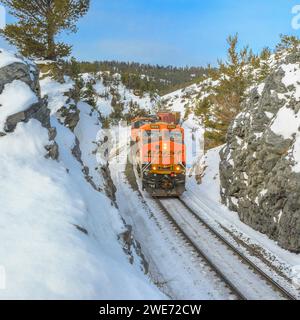 Der Zug unter mullan fährt im Winter über die kontinentale Wasserscheide in der Nähe von austin, montana Stockfoto