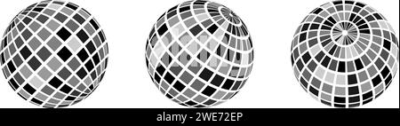 Schwarzes Discokugel-Set. Ansammlung strahlender Kugeln in verschiedenen Winkeln. Musik-Globus oder Planet-Bundle. Spiegelkugelelement-Paket für Poster, Banner, Musikcover, Party. Vektorabbildung Stock Vektor