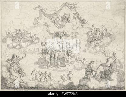 Heirat von Bacchus, Gerard Melder, 1725 Druck in der Mitte Bacchus und seine Braut Ariadne in einem brennenden Altar. Darüber in den Wolken Juno und Jupiter. Auf den Wolken links die Musen und rechts die drei Gnaden. Links vorn Minerva und Quecksilber, vorn rechts Pluto mit Tweetand. Amsterdamer Papierätzung Hochzeit von Bacchus und Ariadne. Zweizackige Gabel  Attribut von Pluto Stockfoto