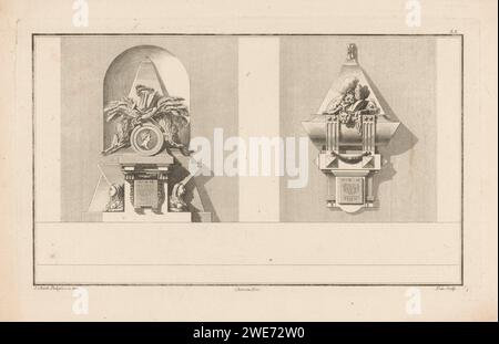 Nistombe in muurtombe, Augustin Hay, Jacques-Francois Chéreau, nach Jean Charles Delafosse, 1771 Druck links ein Grab in einer Nische mit Sphinxen, ein Medaillon mit gekröntem Porträt und Profil, Zweige, eine Trompete und Kränze. Rechts eine Wallombe mit einem Tierblatt, ein Medaillon mit Porträt, ein gelobter Schädel, eine Taschenlampe und eine Sanduhr. Paris Papierätzung / Gravur Nische-Grab, Wandgrab Stockfoto