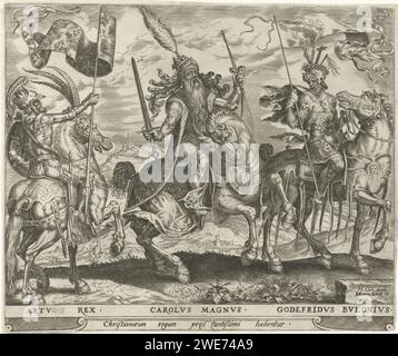 König Arthur, Karl der große und Godfried van Bouillon, Harmen Jansz Muller, nach Maarten van Heemskerck, 1565–1569 drucken drei berühmte Feldherren aus der christlichen Ära zu Pferd, die zu den neun Besten gehören. Links König Arthur Mer ein Banner in der Hand, in der Mitte Karls der große mit Schwert und Zepter und rechts Godfried van Bouillon mit einem Banner in der Hand. Druckerei: Amsterdamverleger: Antwerpener Papierstich Arthur (einer der neun Werthemen). Karl der große (einer der neun Wertsachen). Godefroy von Bouillon (einer der neun Werthemen) Stockfoto