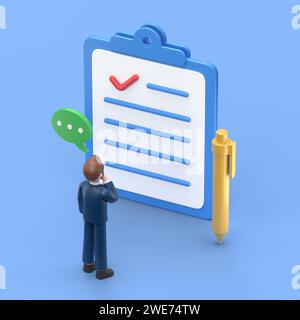 3D-Illustration des bärtigen amerikanischen Geschäftsmannes Bob, der in der Nähe des Vertragsdokuments steht und Datenschutzrichtlinien und Geschäftsbedingungen liest. Geschäftsmann-Schild Stockfoto