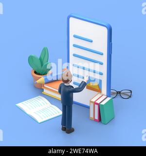 Medienbuchbibliothek Concept.3D-Illustration des bärtigen amerikanischen Geschäftsmannes Bob für Webbanner, Infografiken, Heldenbilder. Flache isometrische 3D-Beleuchtung Stockfoto