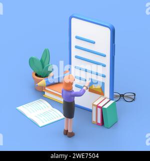 Medienbuchbibliothek Concept.3D-Illustration der europäischen Geschäftsfrau Ellen für Webbanner, Infografiken, Heldenbilder. Flache isometrische 3D-Illustrationen Stockfoto