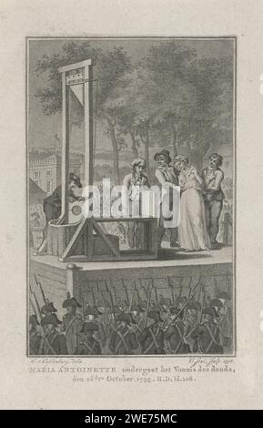 Marie Antoinette wird 1793 in die Guillotine gebracht, Christiaan Josi, nach Cornelis van Cuylenburgh (II), 1798 Druck Marie Antoinette wurde am 16. Oktober 1793 auf dem Place de la Révolution (heute Place de la Concorde) in die Guillotine gebracht. Soldaten beobachten im Vordergrund, auf dem Rücken. Am Rand eine zweiseitige Beschriftung auf Niederländisch. Amsterdamer Papierätzung Place de la Concorde Stockfoto