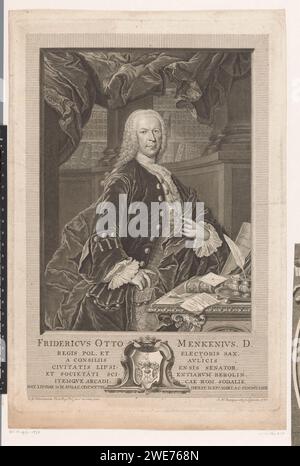 PortraT van Friedrich Otto Mencke, Johann Martin Bernigeroth, nach Elias Gottlob Haußmann, 1755 Druck Leipziger Papierstich / Ätzen historischer Personen. Waffenlager, Heraldik. Bücherregale. Tintenfach Stockfoto