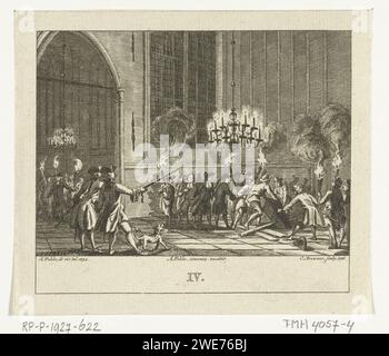 Beerdigung von Daniël Raap in der Nacht in Oude Kerk in Amsterdam 1754, Cornelis Brouwer, nach Simon Fokke, 1786 gedruckte Beerdigung von Daniël Raap in Oude Kerk in Amsterdam bei Nacht in 1754. Die Männer senken den Sarg mit Seilen in den Boden, während das Innere der Kirche von einem Kronleuchter und den brennenden Fackeln der Anwesenden beleuchtet wird. Niederlande Papierätzung Begräbniszeremonie Stockfoto