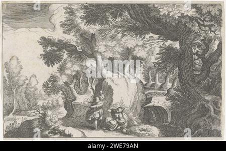 Waldlandschaft mit Hagar und Ismaël, Simon Frisius, nach Matthijs Bril, 1611 Druck ein Engel zeigt Hagar den Weg. Im Vordergrund befindet sich Ismaël unter einem Busch. Printmacher: Nordniederländische Spublischer: Das Haager Papier, das einen Engel ätzt, erscheint und offenbart Hagar einen Brunnen mit Wasser Stockfoto