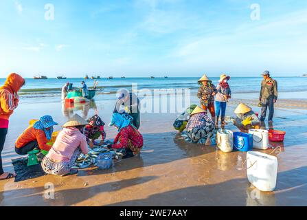 Fischmarkt Session Seeszene Menschen versammelten sich im Korb Fischverkauf, anstrengende Ruderfischer brachten an Land Fischerdorf in Phan Thiet Stockfoto