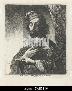 Portret Van Janus Second, Pieter Rottermondt, 1639–1643 Druck Portrait des niederländischen humanistischen Dichters Janus Secundus Nicolai Hagiensis, auch Jan Everaerts genannt. Er hält ein Gedicht in der Hand. Er trägt einen Hut. Die Haager Papierätzung / Gravur Schriftsteller, Dichter, Autor (+ Porträt, Selbstporträt des Künstlers). Kopf – Zahnrad Stockfoto