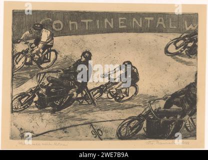 Radrennen Achter Motoren, Otto Hanrath, 1928 drucken Motorradfahrer und Radfahrer auf einem Radweg. Im Hintergrund eine Plakatwand mit dem Text „Continental“ entlang der Strecke. Papierätzung Fahrradrennen. Krafträder und andere zweirädrige Kraftfahrzeuge Stockfoto